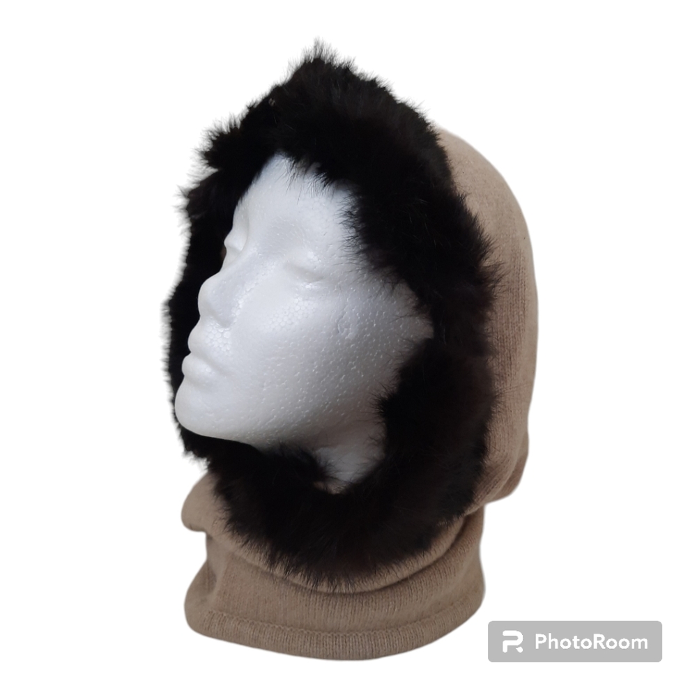 Portolano tan lambswool knit black angora trimmed balaclava hat